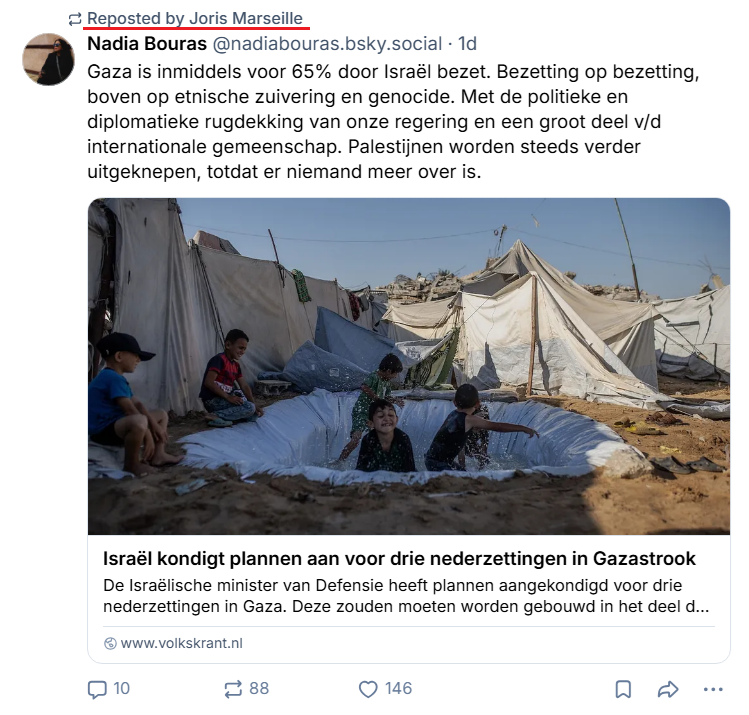 eenblikopdenos's tweet photo. Op #Bluesky beticht Nadia #Bouras Israël van "etnische zuivering en genocide". Het bericht is herplaatst door Joris #Marseille. Laatstgenoemde werkt als presentator, verslaggever en eindredacteur bij het #Jeugdjournaal van de "neutrale" NOS. Veelzeggend! 🧐 #NOSJeugdjournaal https://t.co/UN2aE0o5QE