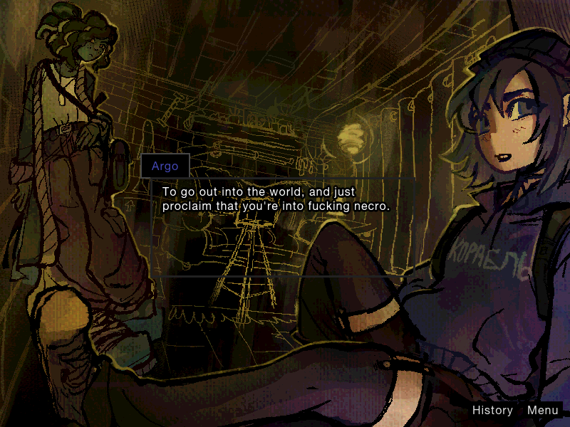 SnekOfSpice's tweet photo. if the existentially crushing fear of stagnating in your body and self and the pointlessness of life is something relatable to you, may I recommend reading my toxic yuri visual novel THE DEATH OF HARSH NOISE to you?

https://t.co/sApdtLUIfU https://t.co/n4LvQLAKNm