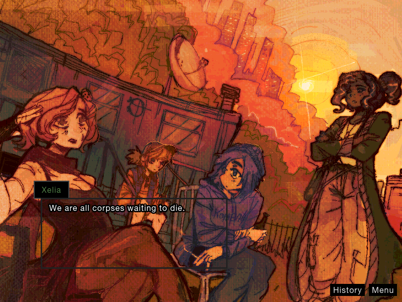 SnekOfSpice's tweet photo. if the existentially crushing fear of stagnating in your body and self and the pointlessness of life is something relatable to you, may I recommend reading my toxic yuri visual novel THE DEATH OF HARSH NOISE to you?

https://t.co/sApdtLUIfU https://t.co/n4LvQLAKNm