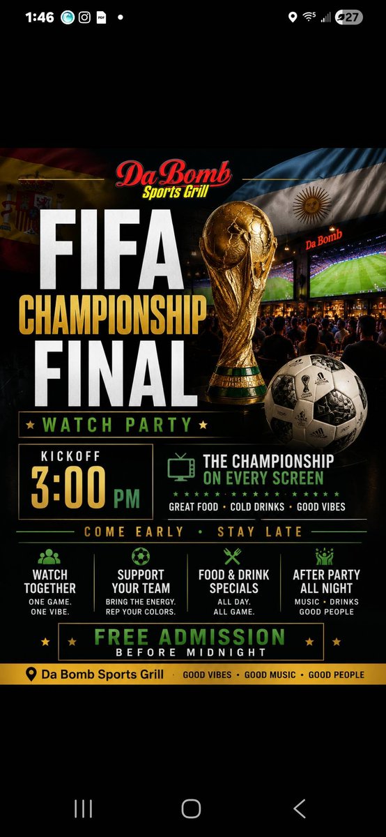 djcaesah's tweet photo. ⚽ FIFA FINAL Watch Party starts at 3PM! Catch every minute on the big screens at DaBomb Sports Grill. Great food, cold drinks, $10 Island Vibes Rum-Infused Espresso Latte, Shrimp &amp; Grits all night &amp; FREE before midnight! 🍤☕🔥 #FIFAFinal https://t.co/l72QxOFr7e