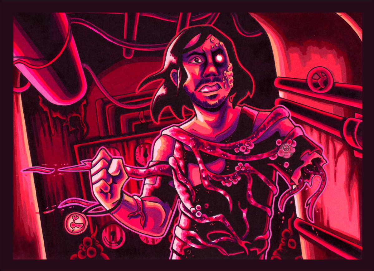 ColaCarnage's tweet photo. Simon being understandably frustrated with being shoved into a glorified soup can and made to face the results of cosmic horrors beyond human comprehension. 

Can you hear my red markers screaming? 

#ironlung #markers https://t.co/kvngo0cu0j