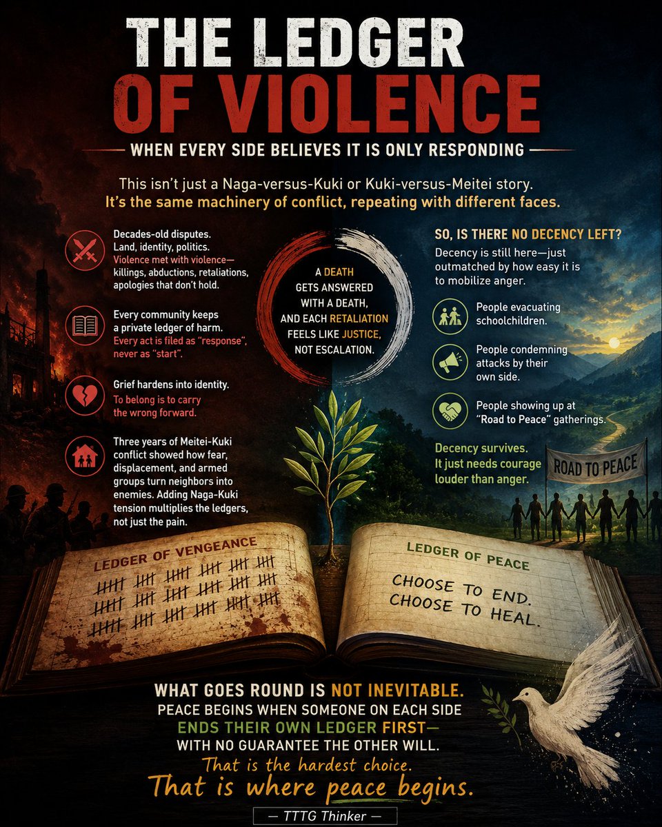 CeeThangsing's tweet photo. Violence survives because every community keeps its own ledger of pain, seeing every attack as retaliation, never as a beginning. Manipur conflicts reveal the same tragic cycle. Peace begins when someone chooses to end the ledger of vengeance before demanding others do the same. https://t.co/Px8Cfjop1R