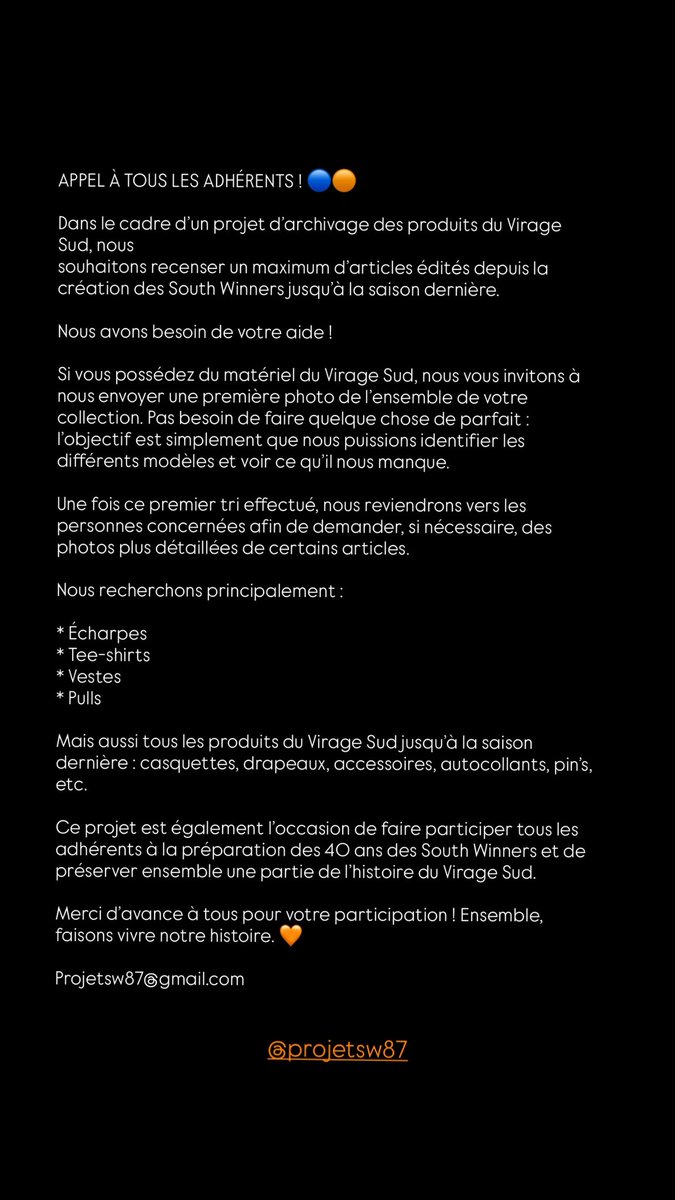 Winners1987's tweet photo. Dans le cadre d’un projet d’archivage des produits du Virage Sud, nous souhaitons recenser un maximum d’articles édités depuis la création des South Winners jusqu’à la saison dernière. ⬇️⬇️ https://t.co/3ispjQ7jLL