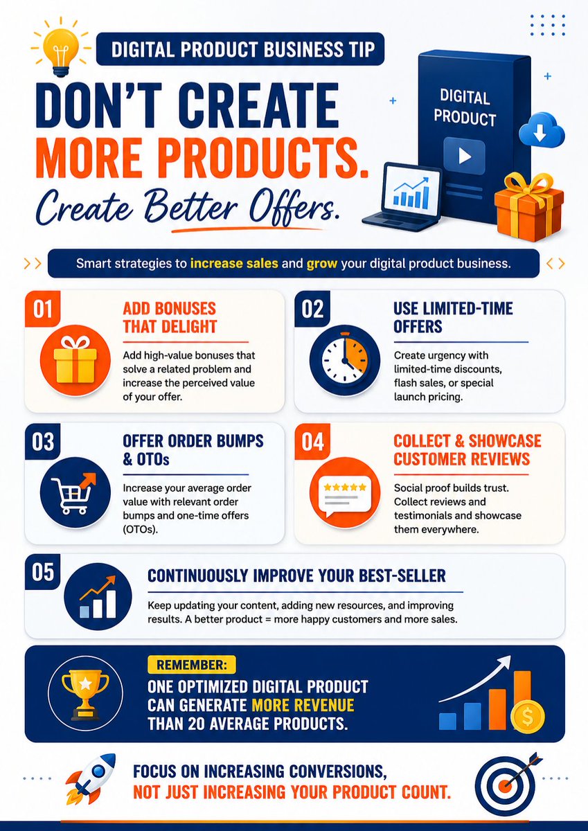 arunkinsights's tweet photo. 💡 Digital Product Business Tip 

Don't create more products. Create better offers.

Many creators fail because they keep launching new digital products instead of improving what already sells.

Increase your sales by:

✅ Adding bonuses to increase perceived value.
✅ Using limited-time offers to create urgency.
✅ Including order bumps and one-time offers (OTOs).
✅ Collecting customer reviews and showcasing them.
✅ Continuously improving your best-selling product.

Remember: One optimized digital product can generate more revenue than 20 average products.

🚀 Focus on increasing conversions, not just increasing your product count.