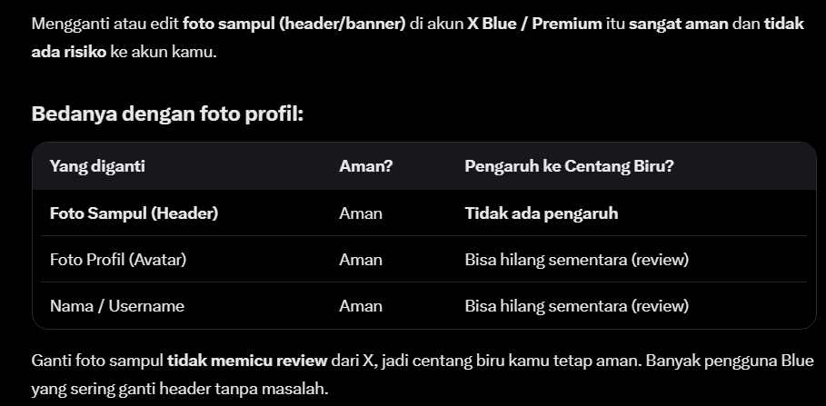 Syafnaeth's tweet photo. "ceritane kemaren saya sempat kaget"
Tutorial bikin pemilik X Premium tenang:

Mau ganti header? Gas.
Mau ganti foto profil? Siapkan mental.
Mau ganti username? Siapkan mental dan doa.

Karena yang bikin takut bukan putus cinta, tapi centang biru tiba-tiba hilang. 😭😂😂 https://t.co/uh5aondcnE