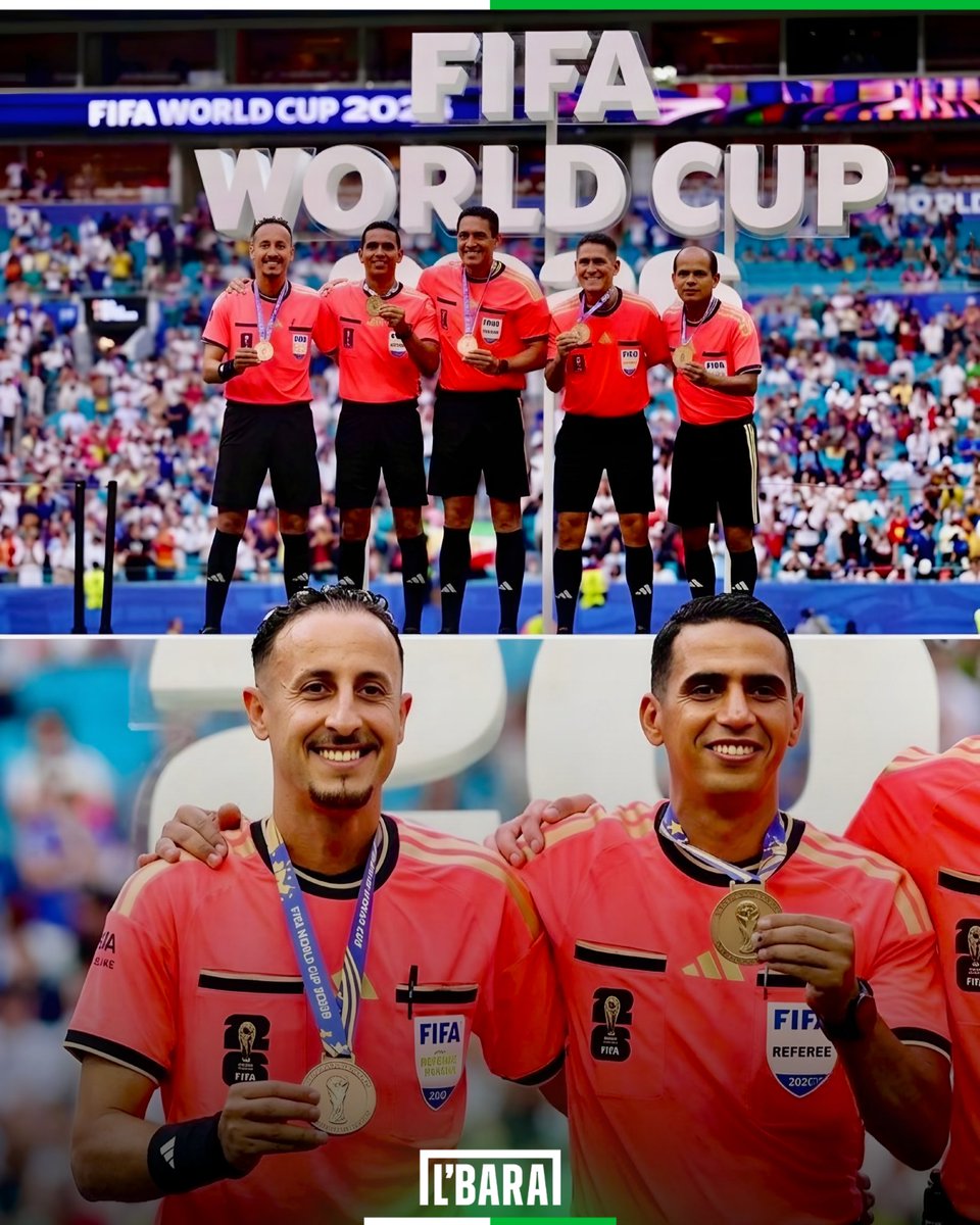 lbaramedia's tweet photo. 🇲🇦🏆 Fierté de l'arbitrage marocain !
Jalal Jayed et Zakaria Brinsi ont reçu la médaille de bronze après le match pour la 3ᵉ place de la Coupe du Monde 2026. Une récompense méritée. 👏 https://t.co/rNuj0eBQ28
