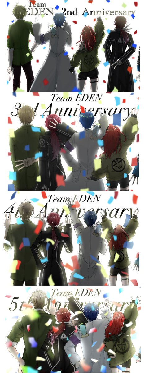 kym_mashiro's tweet photo. 2周年から同じ構図で少しずつポーズを変えて描いてみてるけど、今年はみんなお揃いにしてみた!
改めてエデン組5周年おめでとう🎉 https://t.co/hxEJvkPM4a