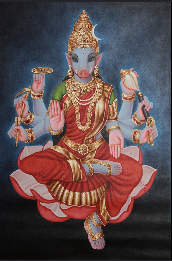 TradOrient15's tweet photo. Varahi Mata is called Dandanatha, Dandanayiki 🌸

She is called Dandanatha because she always carries a danda (staff) with her. She is the commander-in-chief of Maa Lalita's army.

She punishes the demons with her staff. The staff is a divine weapon of Maa Varahi. It is the rod which represents discipline, karmic justice and the punishment of evil. 

Maa Varahi's chariot is the Kiri Chakra Rath - chariot of boars. Her chariot is of 5 stories and is drawn by many boars.

Kiri also means beam of light (rays) of creation. And Chakra means the cycle of creation, sustenance and dissolution.

In Sri Vidya Tantra, she's the Goddess who destroys demons and the obstructions that sadhaks face during worship and restore spiritual balance.  
Maa Varahi's worship leads devotees to Maa Lalita. 

Varahi Maa is also called Sthambini Devi as she paralyzes enemies. 

The 70th name of Maa Lalita in her Sahasranama Stotram is  Kiri chakra ratharooda dandanatha puraskrutha which means - 

She who rides in the Kiri chariot with five stories and is served by Goddess Varahi , who's called Dandanatha

Sri Matre Namah🌸

@RajanThakar3