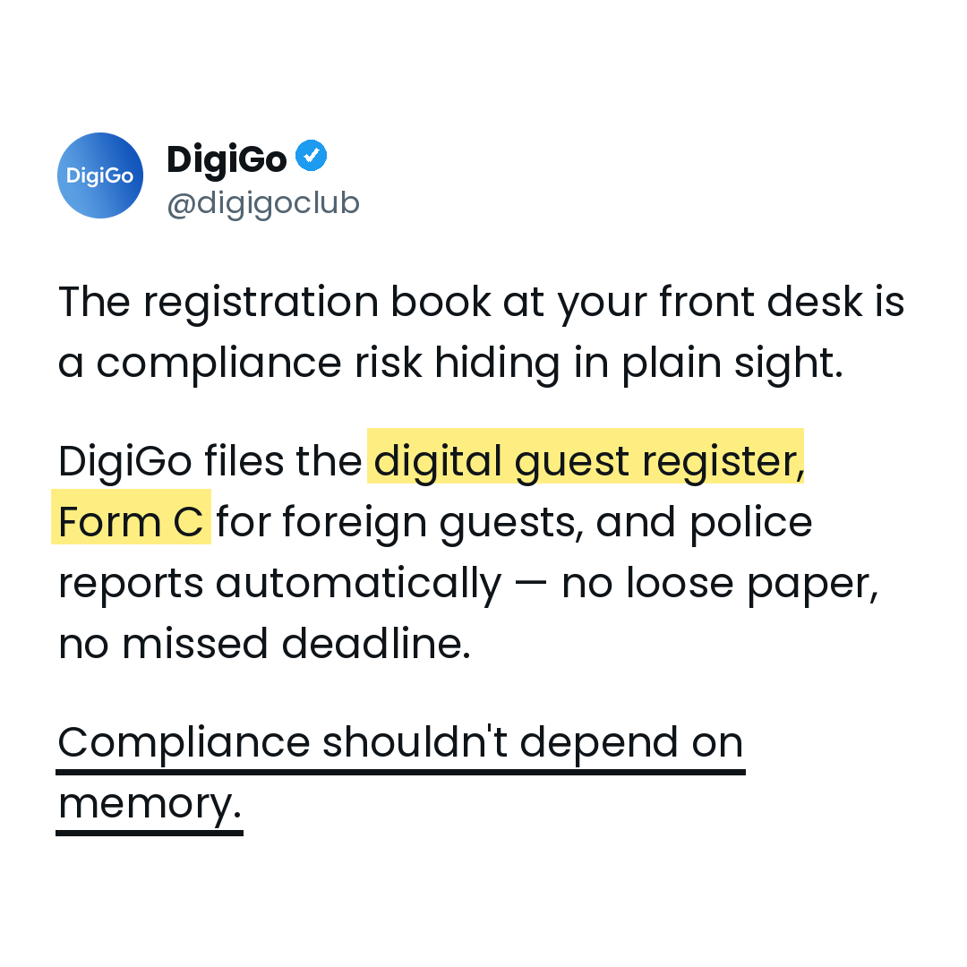 digigoclub's tweet photo. Handwritten registers. 
Photocopied IDs in a drawer. 
A Form C filed late.

Small gaps, until someone checks.

DigiGo makes compliance automatic: digital guest register, Form C, police reporting. → https://t.co/S6Cu4NkrDV

#HotelTech #Compliance https://t.co/GJIwcu8tif