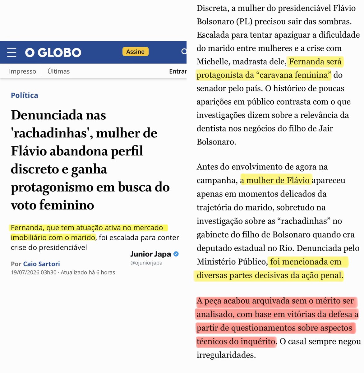 ojuniorjapa's tweet photo. Fernada, esposa do Flávio entra na campanha do marido em uma caravana feminina pelo Brasil.

O Globo para anunciar tem que mencionar “denúncia de rachadinha” no título para tentar assassinar a reputação dela.

Na metade do texto eles soltam a verdade que muitos não vão ler: Foram apenas denúncias e nada foi encontrado de irregular.

Denúncias qualquer um faz, ser denunciado é diferente de condenado, mas os liberais só vão usar a manchete para fazer campanha para o Lula.

Isso não é jornalismo, isso é mais uma tentativa de assassinato de reputação. O método se repete.