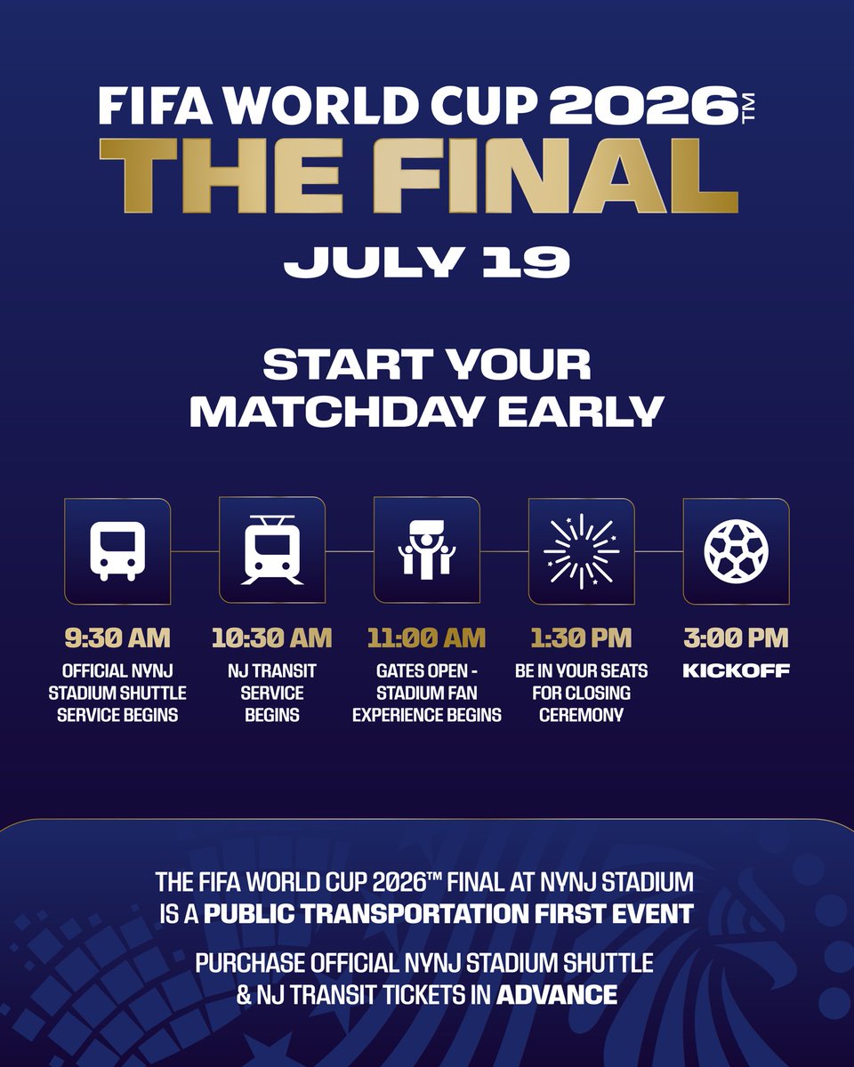 FWC26NYNJ's tweet photo. The Official NYNJ Stadium Shuttle is now in service!

NJ TRANSIT service begins in one hour.

If you’re heading to the FIFA World Cup 2026™ Final, transportation tickets are still available. Buy in advance and arrive early. 

🎟️ Get your transportation: https://t.co/S61d4VAUcA https://t.co/2abkuYvnFo