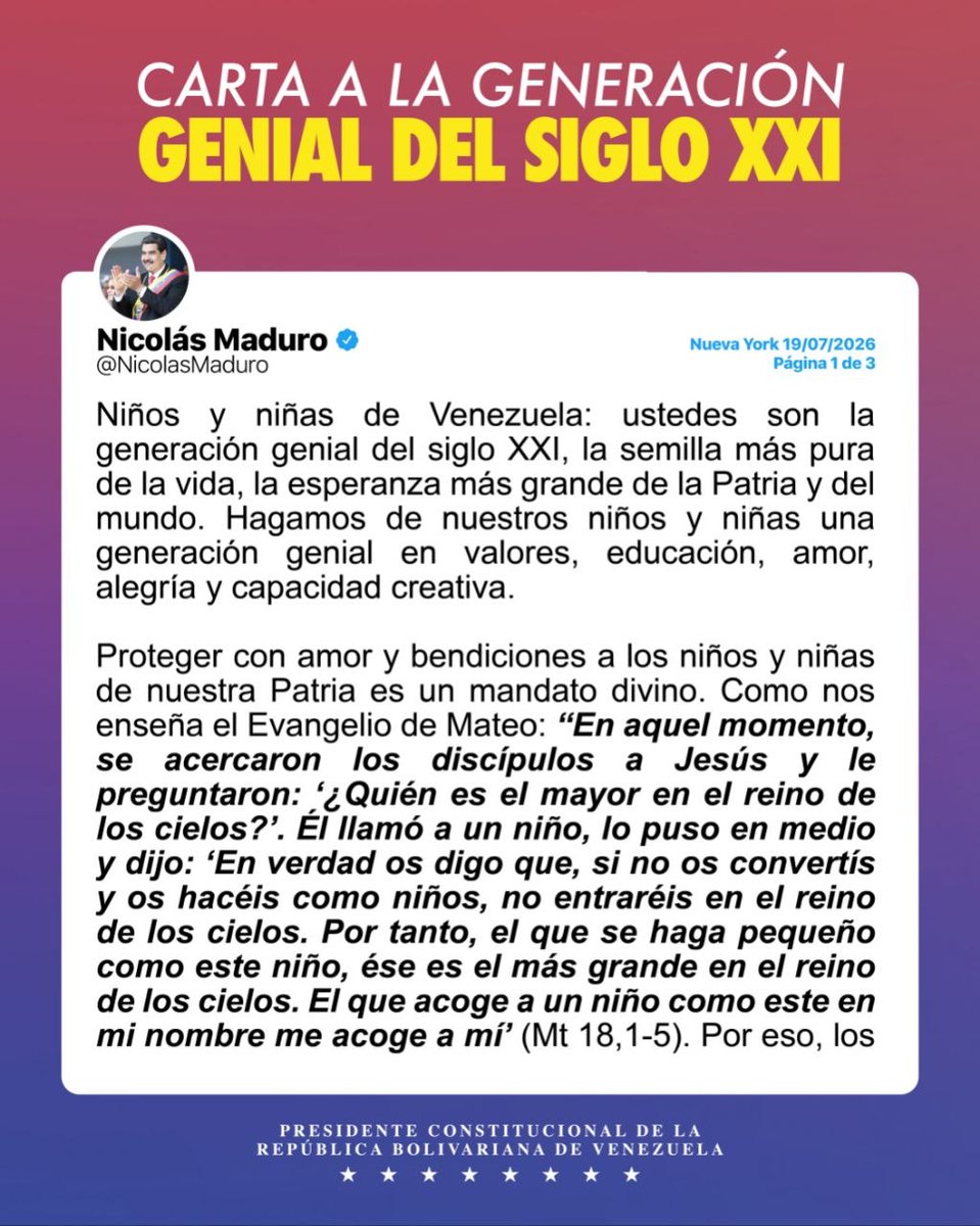 torrealbaf's tweet photo. Mensaje de nuestro Querido Compatriota Bolivariano Trabajador Presidente y Comandante en Jefe @NicolasMaduro a nuestr@s niñ@s: 

"Niños y niñas de Venezuela, son la Generación Genial del siglo XXI, la semilla más pura de la vida, la esperanza más grande de la Patria y del mundo. https://t.co/lCBC72eIzS