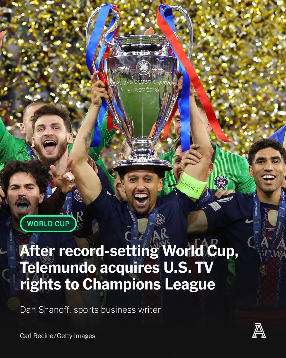 TheAthletic's tweet photo. In the wake of record-setting TV ratings during the 2026 World Cup, Telemundo has secured exclusive U.S. Spanish-language TV rights for all Union of European Football Associations men’s soccer competitions, including the highly popular Champions League.

The new deal will run three years, starting with the 2027-28 season, and will also include UEFA’s Europa League, Conference League and Super Cup.

“After a truly memorable World Cup for Telemundo, if you ask what comes next, the answer is simple: Champions League. The greatest stars — including Mbappé, Lamine, Haaland, Dembélé — have now signed on with Telemundo, and Telemundo will bring them to its audience,” Telemundo Enterprises chairman Luis Fernandez said to The Athletic.

https://t.co/yve22ktB3i