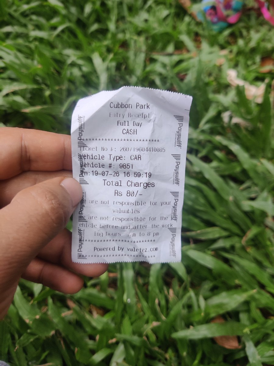 S_sauban's tweet photo. Loot at the cubbon park... Parked the car here and immediately got a receipt of 80 rs.. got a full day parking receipt which I dint ask for. Is it mandatory to pay 80 just to park for an hour @ArshadRizwan @CMofKarnataka @DKShivakumar 
#cubbon_park #bengaluru #banglore https://t.co/rgoRQpfNzs