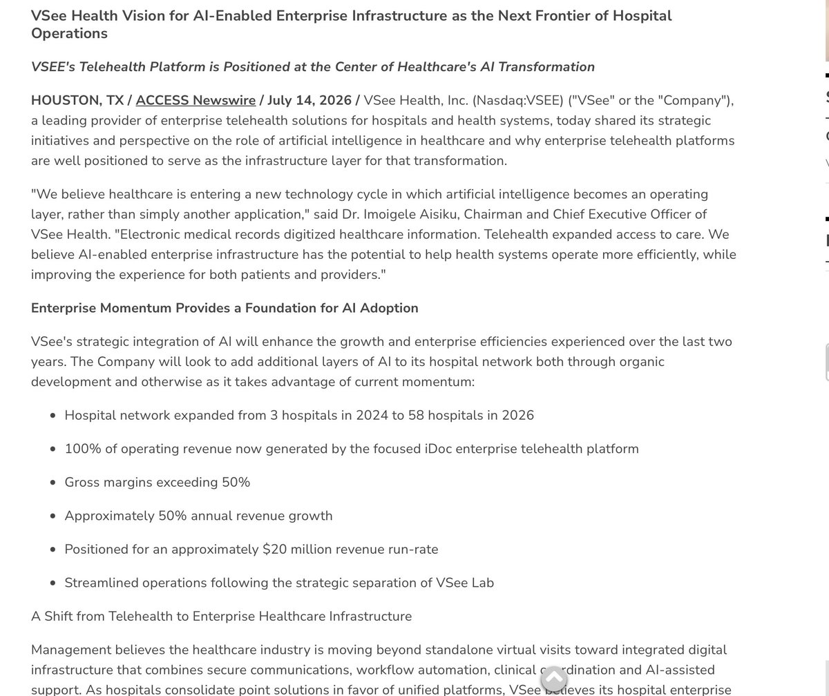 Valusocial's tweet photo. $VSEE Press Vision for AI-Enabled Enterprise Infrastructure as the Next Frontier of Hospital Operations https://t.co/bzh8TJ9RJi #spaceX #newtothestreet #NASDAQ #otc #AI #wsj #nytimes #business #reuters #forbes #yahoofinance #cnn #bet #foxnews #latimes #MSN #usatoday https://t.co/Md2FV6rLzI