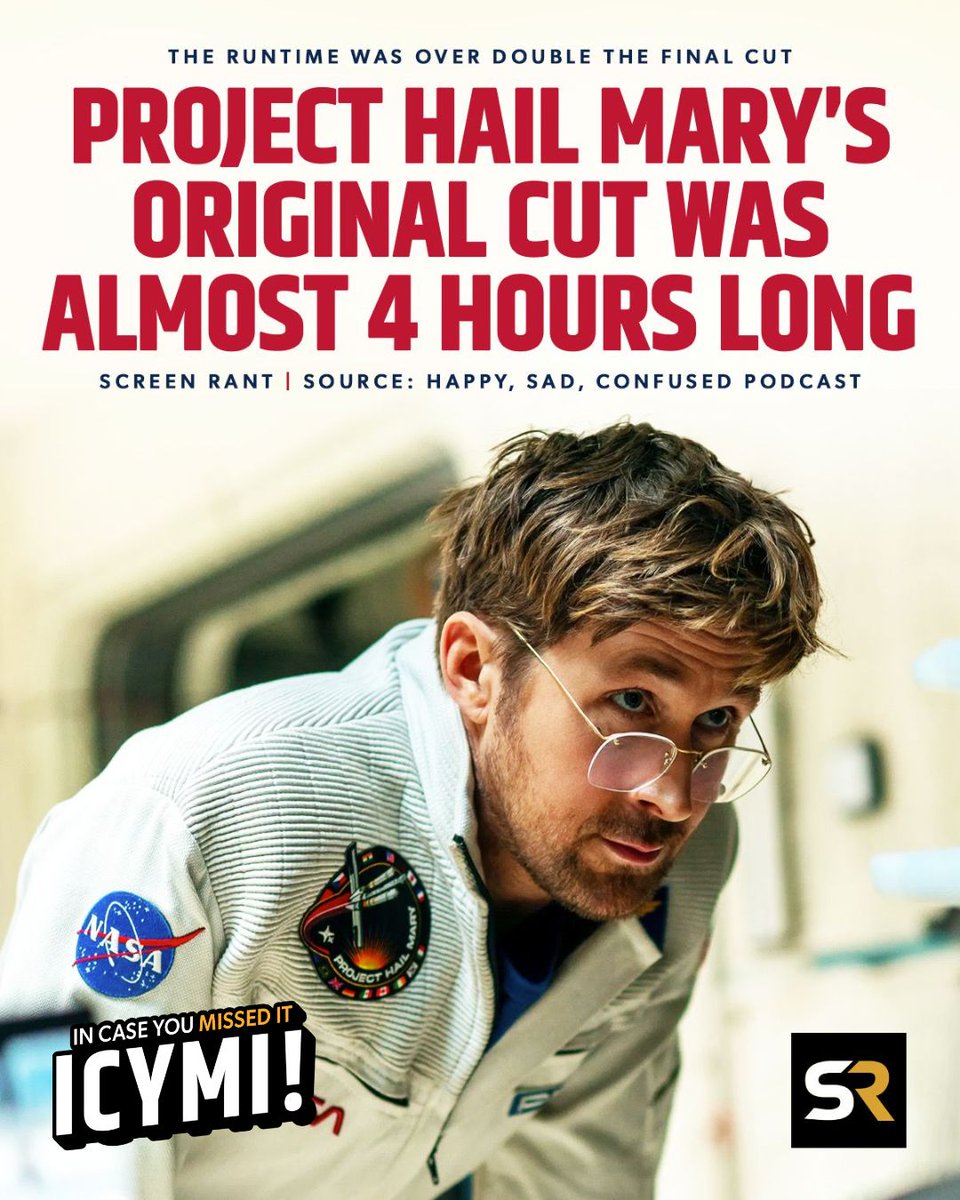 screenrant's tweet photo. ICYMI: Christopher Miller shared #ProjectHailMary  cuts were over 4 hours before the first screened cut, which topped out at 3 hours and 45 minutes. That's more than an hour longer! 🎞️

In case you missed it, read more: https://t.co/Bz6LSvVDjt https://t.co/om3ksGrOWX