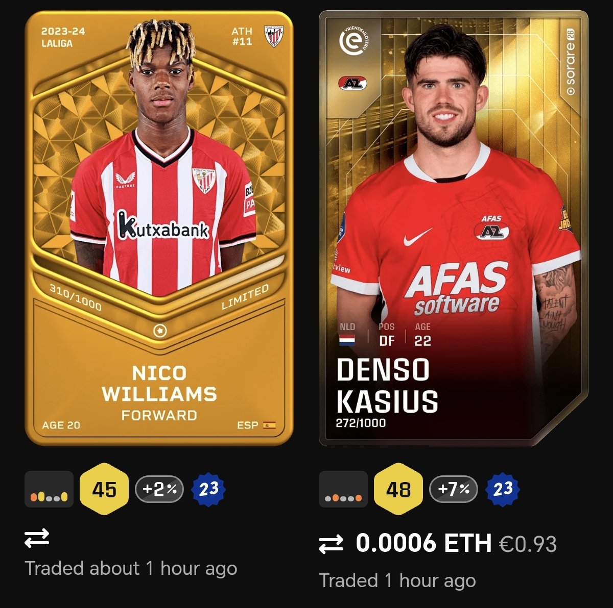 sorare__journey's tweet photo. New Cheap Value Signing on #Sorare ✅
Denso #Kasius is certainly a powerful one, less than 1€ DEAL 🔥
Nico #Williams has always been a dream purchase, happy to have striken a 4€ DEAL 🪙
#Sorare27 https://t.co/VMbijy7fAs