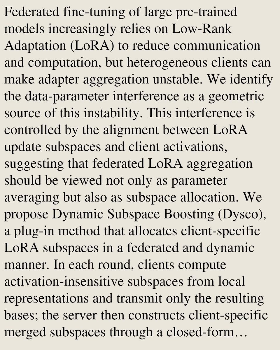 Memoirs's tweet photo. Dysco: Dynamic Subspace Boosting to Mitigate LoRA Interference in Federated Learning

Haobo Zhang, Jiankun Wang, Suraj Rajendran, Weishen Pan, Lam Tsoi, Yong Chen, Fei Wang, Jiayu Zhou
https://t.co/WWmGxNoWTo [𝚌𝚜.𝙻𝙶] https://t.co/KH605FlolJ