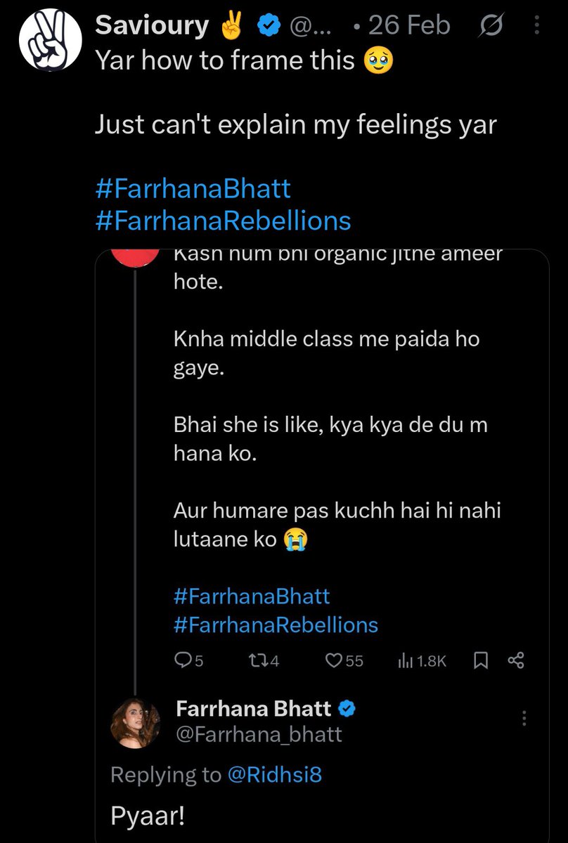 Ridhsi8's tweet photo. This 👇 was my all time favorite.
This Convo made me stayed here for long, otherwise due to x negativity I was abt to leave this place.

#XHanasHappyPlace

#FarrhanaBhatt #FarrhanaRebellions https://t.co/PjAKcradDU