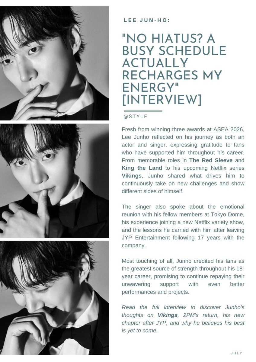 leejunhology's tweet photo. Lee Jun-ho is showing no signs of slowing down. He shares why a packed schedule actually energizes him and what keeps him motivated after 18 years in the industry.

Read the full interview: https://t.co/WG0WhtOK6u

#LeeJunho #이준호 https://t.co/ho5wBve3vt