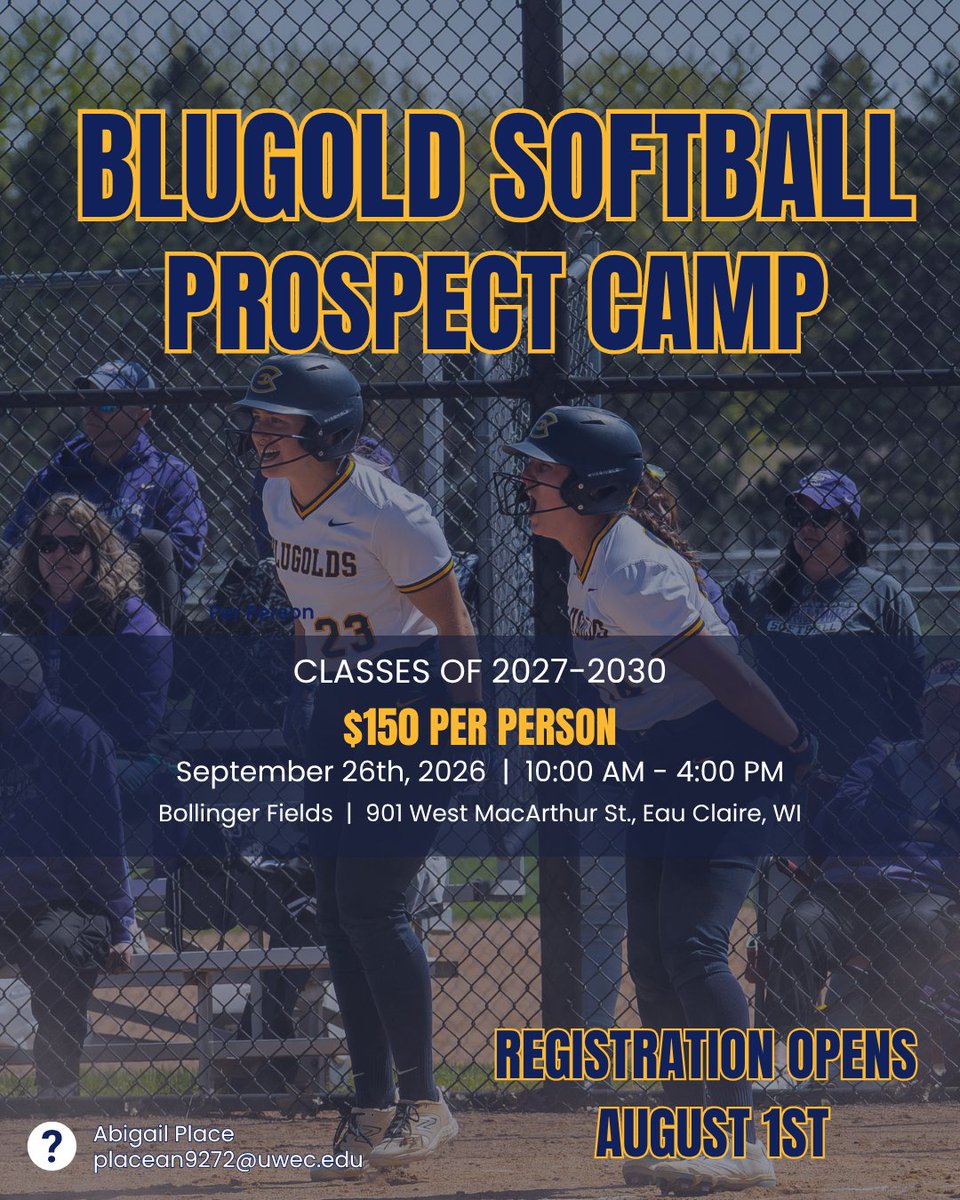 UWECSoftball's tweet photo. 📅 SAVE THE DATE! 🥎
Registration for our Fall Youth Camp &amp; High School Prospect Camp is expected to open August 1st!

Follow our social media so you don't miss the registration links. 

We can't wait to see you on campus this fall! 💙💛
#rollgolds https://t.co/SPAiBuE52W