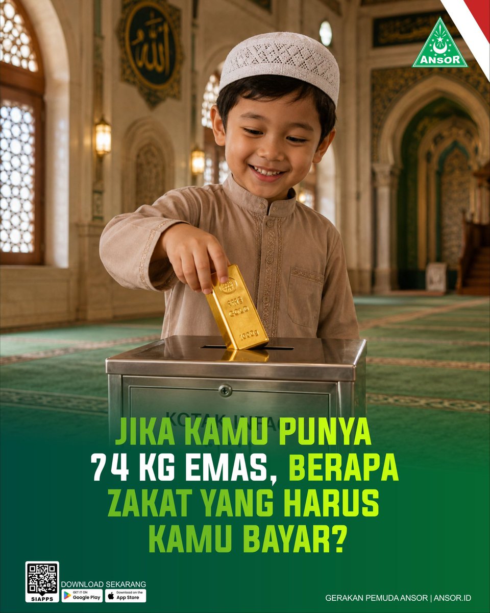 Official_Ansor's tweet photo. Zakat itu juga dikenakan atas  emas, perak atau logam mulia yang telah mencapai nisab dan haul. Nisab artinya emas yang dimiliki sudah dikategorikan sebagai harta yang wajib dizakati, yaitu sebesar 85 gram. Sementara haul itu berarti emas tersebut telah tersimpan selama satu tahun.

Nah zakat emas adalah 2,5% dari total berat atau nilai emas yang dimiliki. Kalau punya emas 74 kg dan sudah tersimpan selama satu tahun penuh, zakatnya berapa ya?

Mari kita hitung. 74 kg (74.000 g) x 2,5% = 1,85kg (1.850 g). Jadi zakat emas yang harus dikeluarkan untuk orang yang menyimpan emas 74 kg selama setahun itu sebesar 1,85kg.