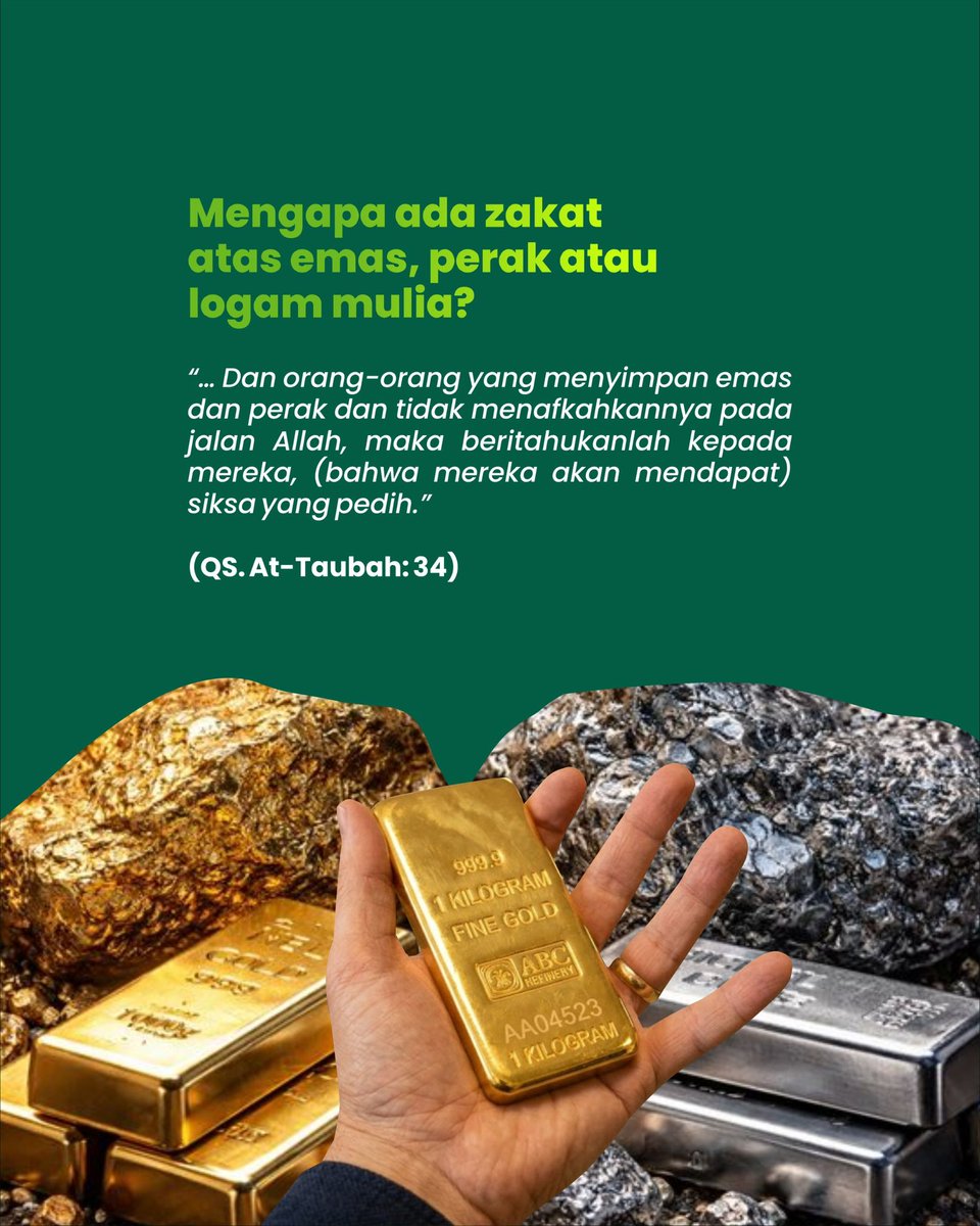 Official_Ansor's tweet photo. Zakat itu juga dikenakan atas  emas, perak atau logam mulia yang telah mencapai nisab dan haul. Nisab artinya emas yang dimiliki sudah dikategorikan sebagai harta yang wajib dizakati, yaitu sebesar 85 gram. Sementara haul itu berarti emas tersebut telah tersimpan selama satu tahun.

Nah zakat emas adalah 2,5% dari total berat atau nilai emas yang dimiliki. Kalau punya emas 74 kg dan sudah tersimpan selama satu tahun penuh, zakatnya berapa ya?

Mari kita hitung. 74 kg (74.000 g) x 2,5% = 1,85kg (1.850 g). Jadi zakat emas yang harus dikeluarkan untuk orang yang menyimpan emas 74 kg selama setahun itu sebesar 1,85kg.