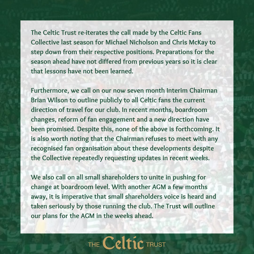 TheCelticTrust's tweet photo. Celtic Trust Statement following the statement published earlier this afternoon by the Celtic Supporters Association: https://t.co/nSGt4kRb5D