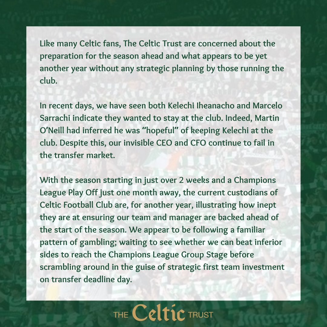 TheCelticTrust's tweet photo. Celtic Trust Statement following the statement published earlier this afternoon by the Celtic Supporters Association: https://t.co/nSGt4kRb5D