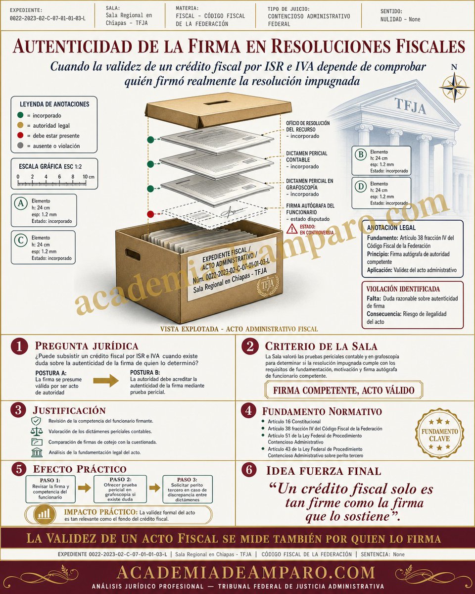 ralejandrots88's tweet photo. ¿Una firma dudosa puede tumbar un crédito fiscal millonario? En Chiapas, una empresa impugnó ante el TFJA la determinación de créditos por ISR e IVA de 2018, además de reparto de utilidades. La defensa ofreció prueba pericial en grafoscopía para cuestionar la autenticidad de la firma de la autoridad que resolvió el recurso de revocación, con fundamento en el artículo 38, fracción IV, del Código Fiscal de la Federación y el artículo 16 constitucional. También se desahogó pericial contable, con perito tercero por discrepancia entre dictámenes.

Expediente 0022-2023-02-C-07-01-01-03-L, Sala Regional en Chiapas.

#DerechoFiscal #TFJA #SAT #NulidadFiscal #CódigoFiscalDeLaFederación #Grafoscopía #ISR #IVA
