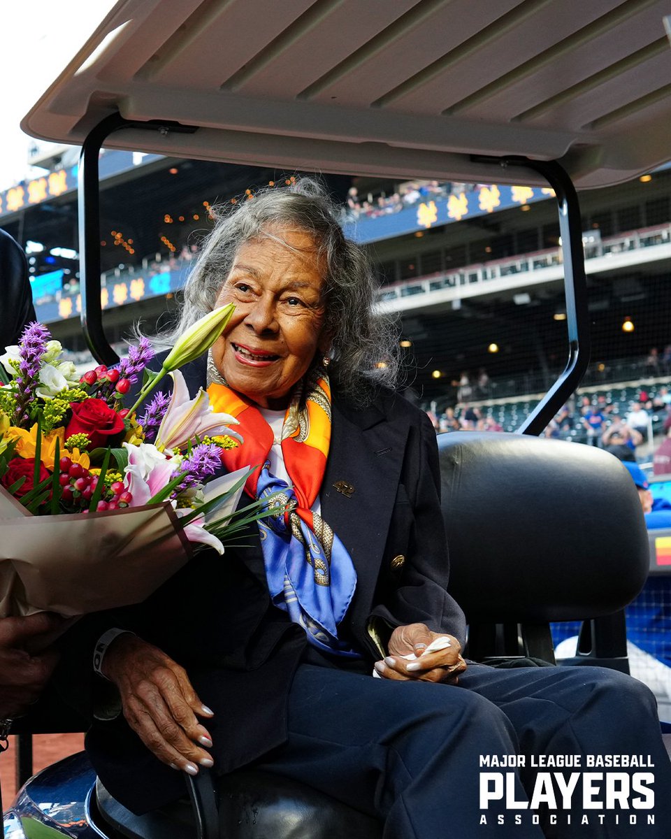 MLBPA's tweet photo. Happy 104th birthday to Rachel Robinson. Your kind heart and charitable work through the Jackie Robinson Foundation have inspired generations. Thank you for remaining a guiding light for all of us through your contributions as a beloved healthcare professional and an exemplary humanitarian.