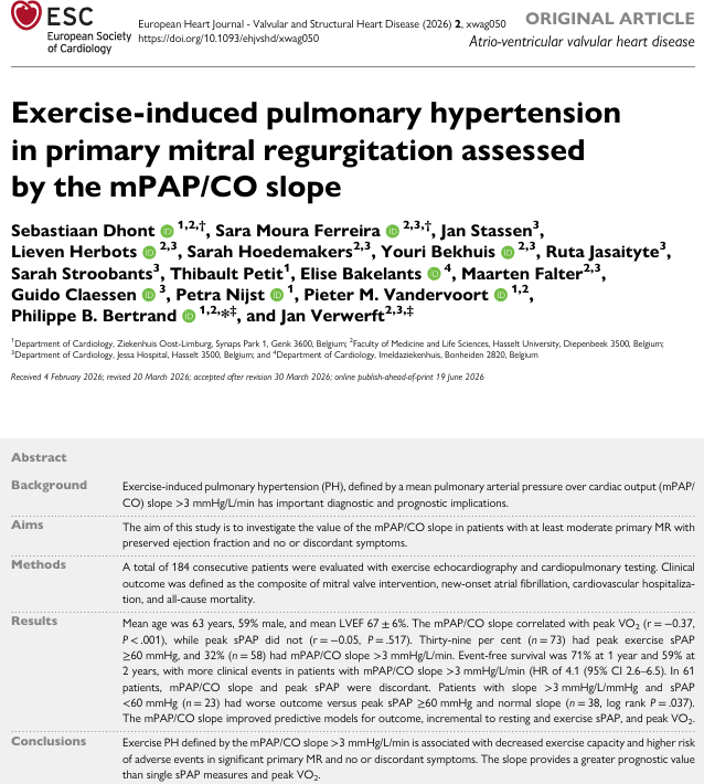 VerwerftJan's tweet photo. ๐Our multicenter #ExerciseEchocardiography study shows that the mPAP/CO slope is a more prognostically relevant marker of exercise pulmonary hypertension in primary mitral regurgitation than peak sPAP alone ๐ซ
#EHJVSHD #CPETEcho #VHD
https://t.co/LPida6yxkB https://t.co/atVuS7PvqX