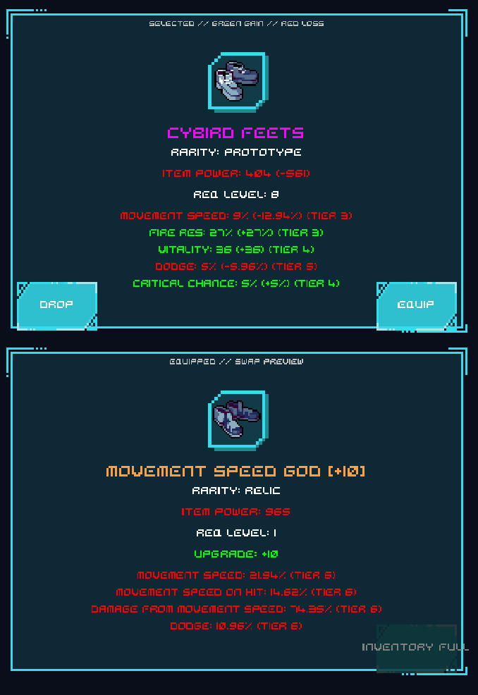 4TinsStudios's tweet photo. Been building the equipment system for my new game:

Every drop can roll its own level, rarity, affixes, tiers and values. Equip weapons and cyberware, shape your build, and upgrade your best gear from +0 to +10. Relic rarity tier, changes your skills/gameplay. 

#rpg #gaming #gamedev #indiedev #pixelart #indiegames #videogames #GameMaker