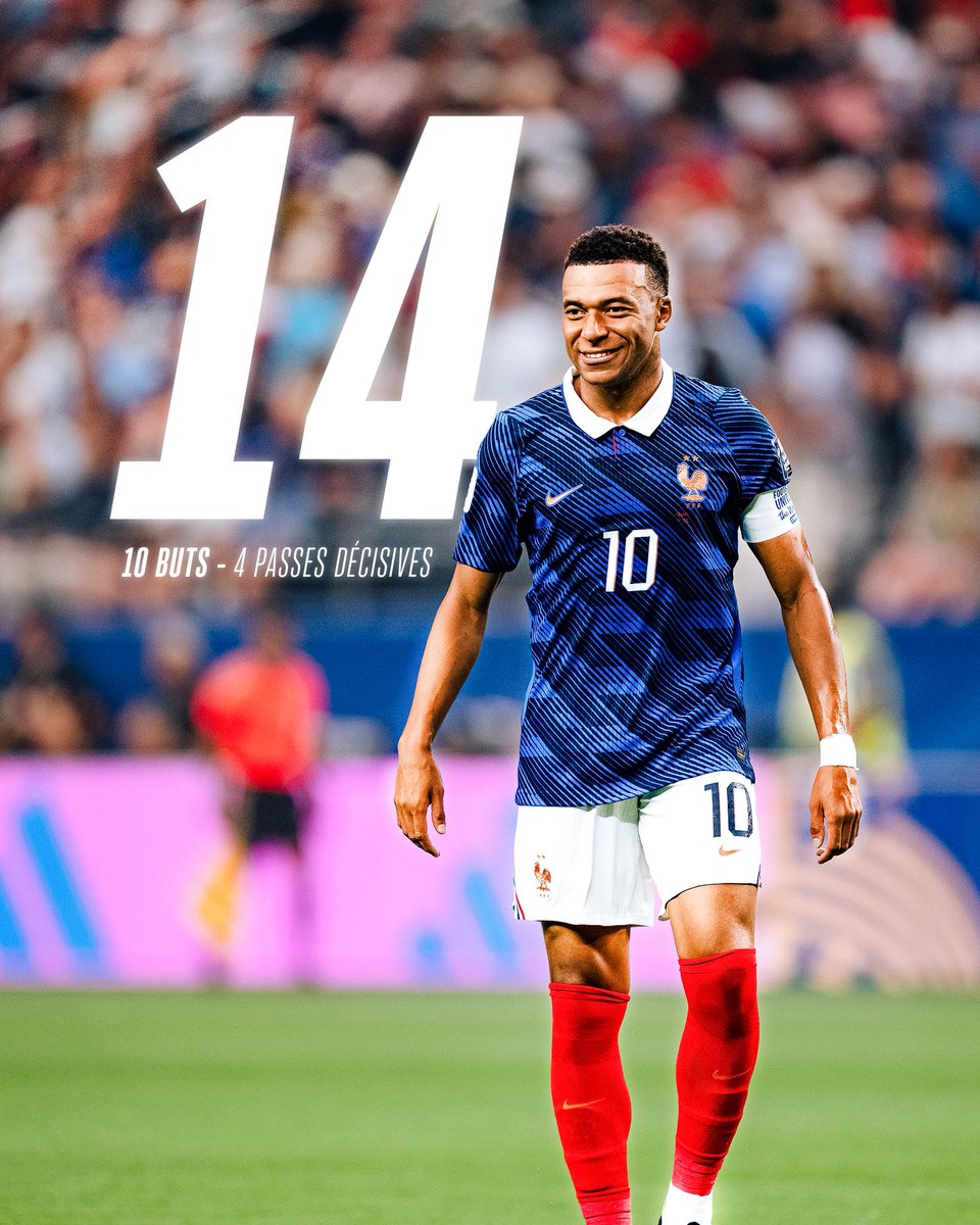 equipedefrance's tweet photo. 𝑼𝒏 𝒑𝒆𝒖 𝒑𝒍𝒖𝒔 𝒅𝒂𝒏𝒔 𝒍’𝒉𝒊𝒔𝒕𝒐𝒊𝒓𝒆 ⚽️💙

@KMbappe devient le premier joueur depuis 60 ans à être impliqué dans 14 buts dans une même Coupe du Monde 🔥 https://t.co/jwbTTdLgCE