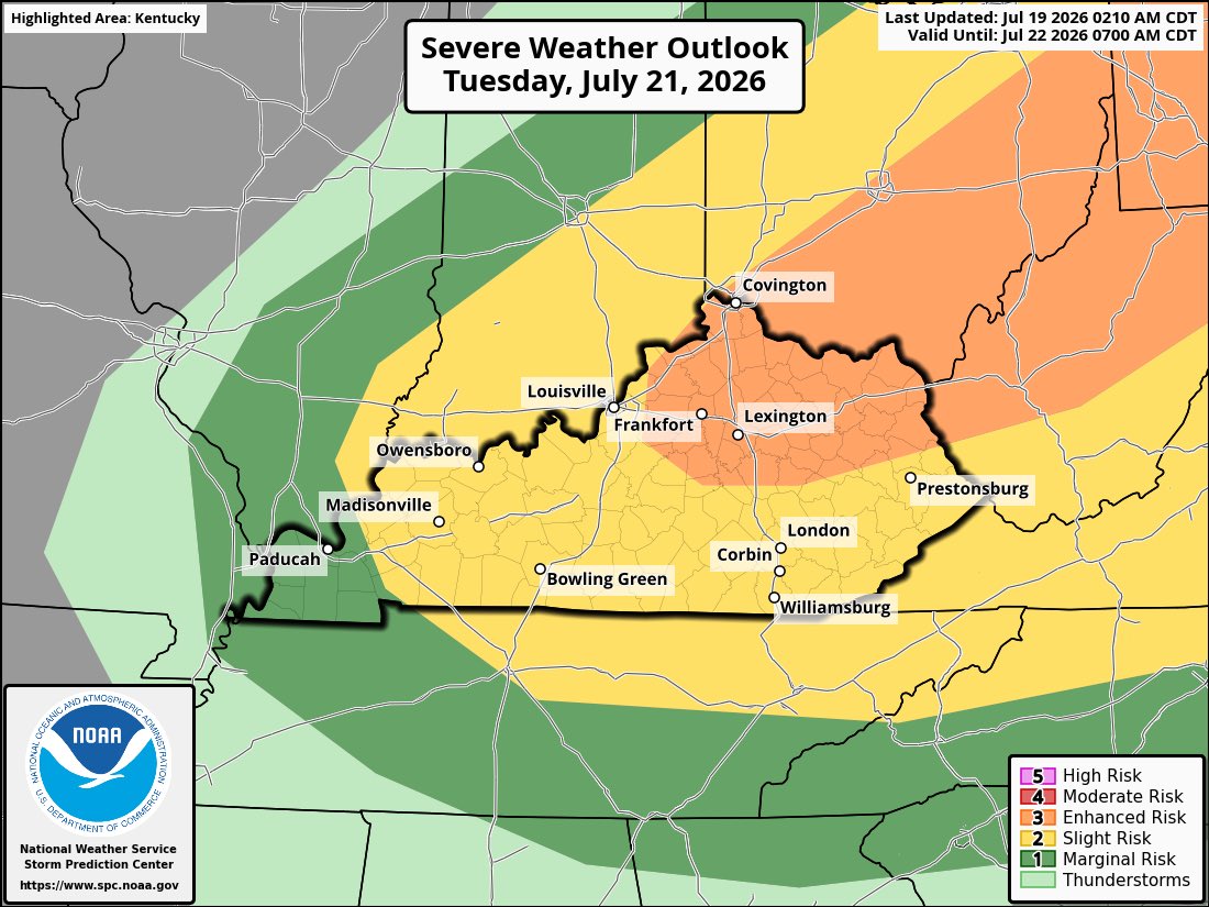 cjwxguy56's tweet photo. Confidence continues to increase that strong to severe storms will impact the region Tuesday afternoon and evening as a potent line of storms sweeps across Kentucky. An Enhanced Risk (Level 3 of 5) is already in place for parts of the state.

The primary threats include damaging winds, isolated tornadoes, torrential rainfall, and frequent lightning.

We’ll continue to fine-tune the timing and overall threat over the next 48 hours.