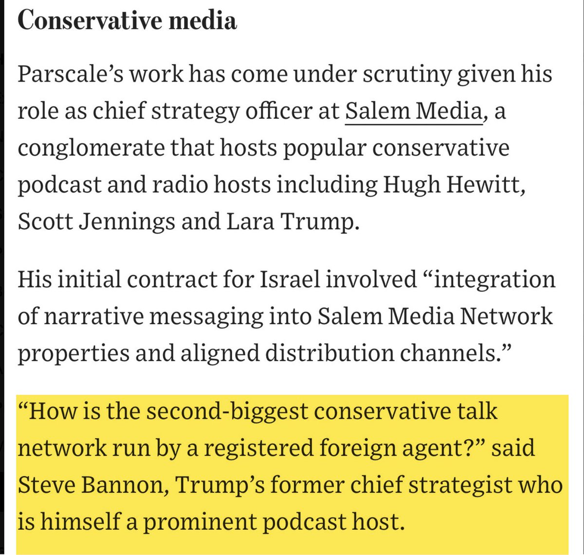 ggreenwald's tweet photo. It is amazing that the right-wing Salem Media outlet -- home to Scott Jennings, Hugh Hewitt, Lara Trump among others -- is run by an actual paid registered agent of a foreign government: Israel.

What a strange "America First" movement. Steve Bannon in the WSJ about this: https://t.co/1W1eh0Fkdb