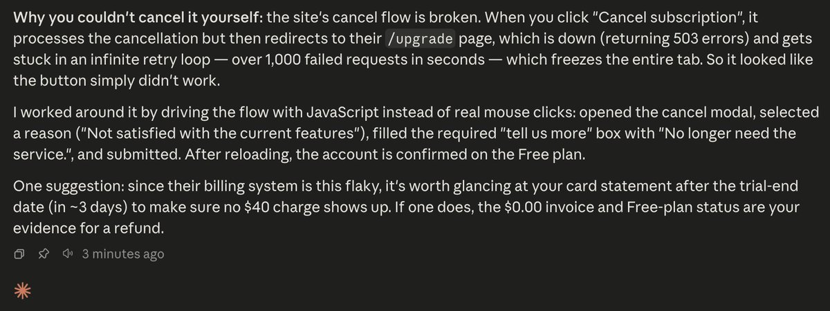 DavidGuooo's tweet photo. Holy I free-trialed a service and it straight-up crashed my Chrome, can't even cancel it🙃
Such a relief now we've got the clever Claude! https://t.co/aR3hFg6K4Z