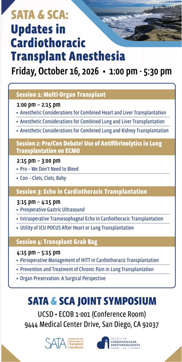 jiapenghuang's tweet photo. Don’t Miss the SATA &amp; SCA: Updates in Cardiothoracic #Transplant #Anesthesia Meeting
Friday, October 16, 2026 — 1:00 PM - 5:30 PM @scahq @TransplantAnes @ASAMonitor @society_asa https://t.co/WXwxqxAWpQ