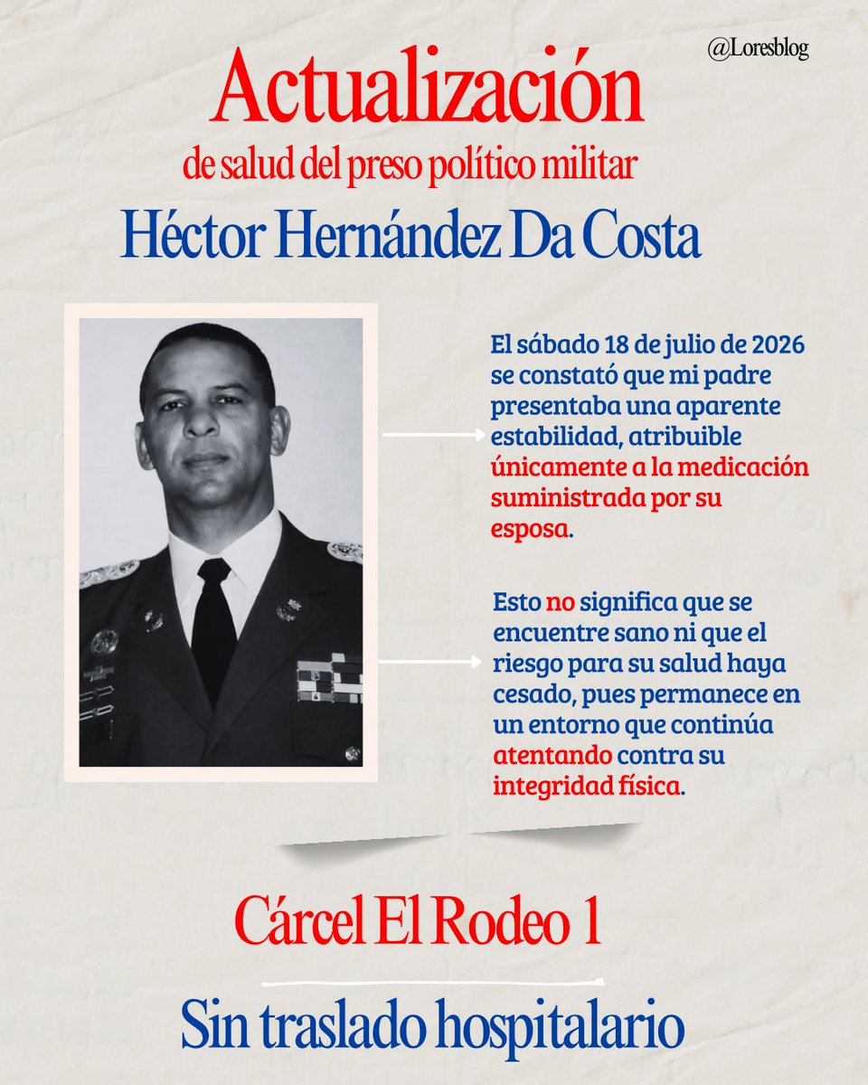 loresblog's tweet photo. Actualización de estado de salud de mi padre, preso político, Gral. Héctor Hernández Da Costa, recluido en la cárcel El Rodeo Uno, donde se negaron a dar traslado hospitalario. Tanto la defensoría del pueblo como la juez Angélica Hernández Carmona le negaron el derecho de salud https://t.co/uYd51WDs89