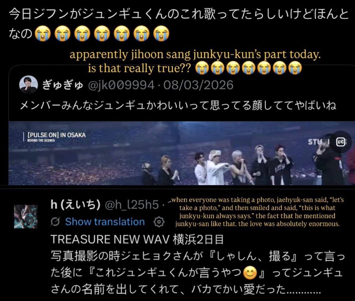raraxthetics's tweet photo. the phrase junkyu says during photo time “let’s take a photo” have now become something the members remember it as junkyu’s part ㅜㅜ

jihoon(?): (sang it the way kyu does in the video)
jaehyuk: “this is what junkyu-kun always says” https://t.co/jtD25ufEf9