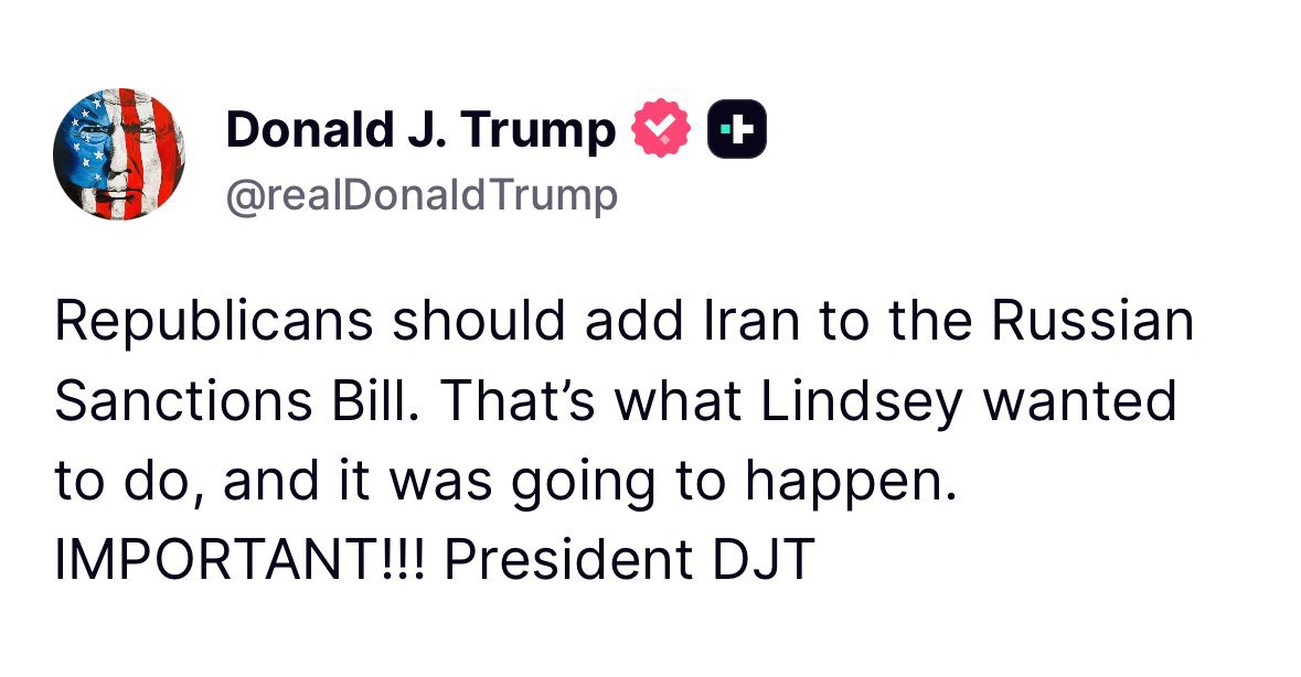 Breaking911's tweet photo. TRUMP: Republicans should add Iran to the Russian Sanctions Bill. That’s what Lindsey wanted to do, and it was going to happen. IMPORTANT!!! President DJT https://t.co/Cnxxcu2ir3