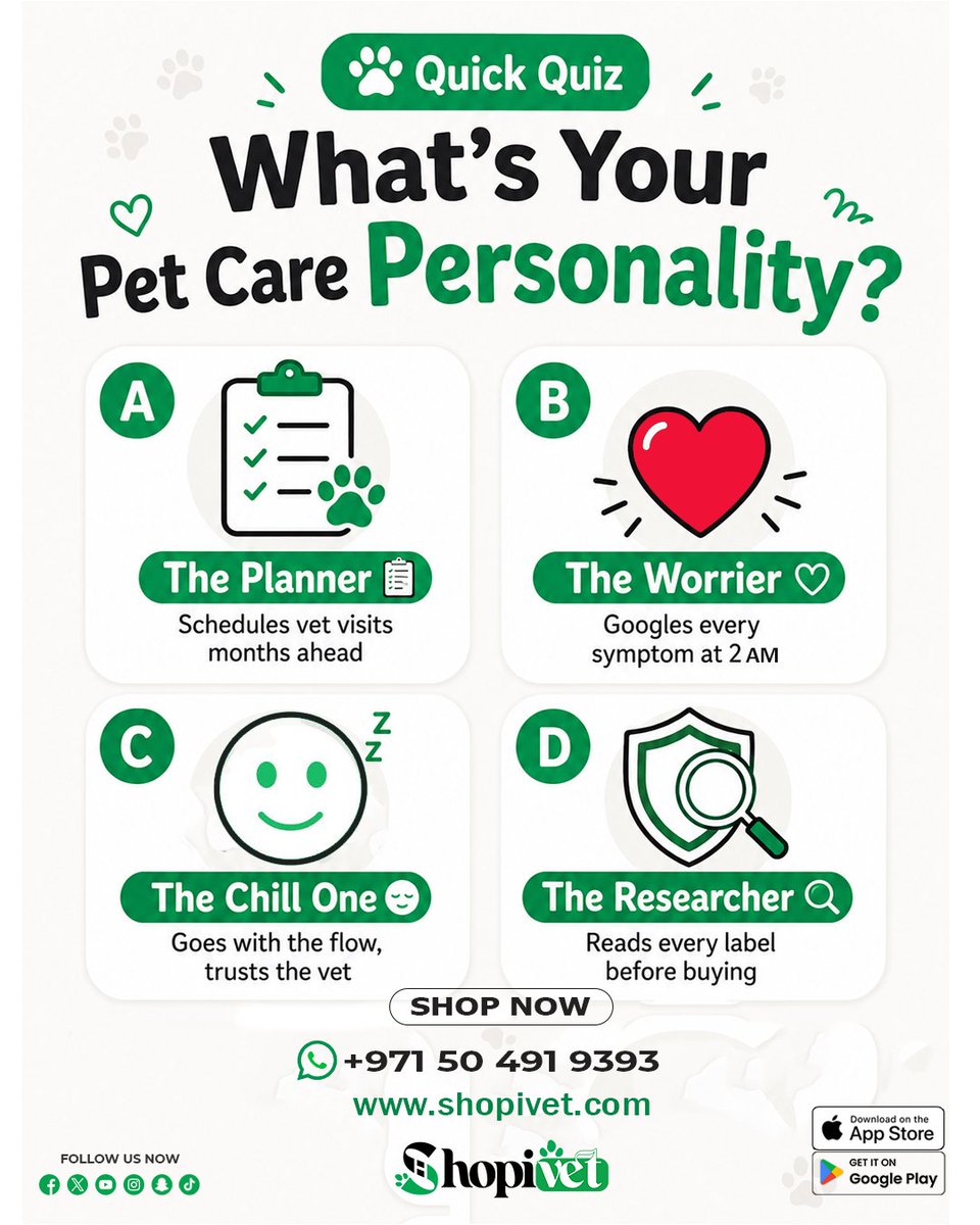 Shopivet's tweet photo. Which one are you? 🐾😄
A — The Planner 📋
B — The Worrier ❤️
C — The Chill One 😌
D — The Researcher 🔍
Drop your letter in the comments —
we're curious which type is most common!
Whichever type you are, we've got you covered.
https://t.co/IdytUNuc7M https://t.co/ytjhs39Ueu