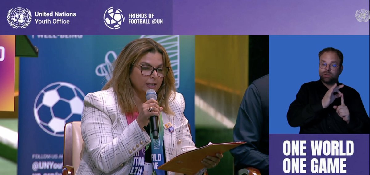 UnfpaEgypt's tweet photo. Representing UNFPA Egypt, Germaine Haddad, Officer in Charge, joined high-level leaders and changemakers, including FIFA President Gianni Infantino, senior UN officials, governments, athletes, and youth advocates, to advance the conversation on youth mental health through sport. https://t.co/nK0gtGEgq9