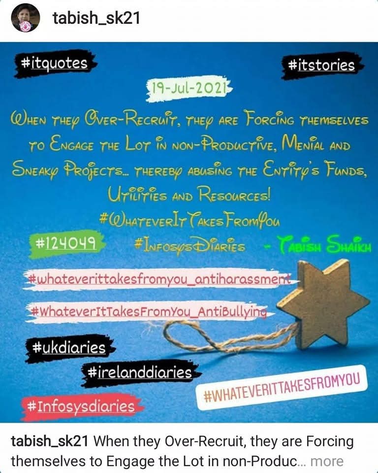 TabishSk21's tweet photo. When they Over-Recruit, they are Forcing themselves to Engage the Lot in non-Productive, Menial and Sneaky Projects... thereby abusing the Entity's Funds, Utilities and Resources!
#WhateverItTakesFromYou
#InfosysDiaries
#amwriting
#ITquotes
#itstories
#itconfessions https://t.co/HgFXwhNCOT