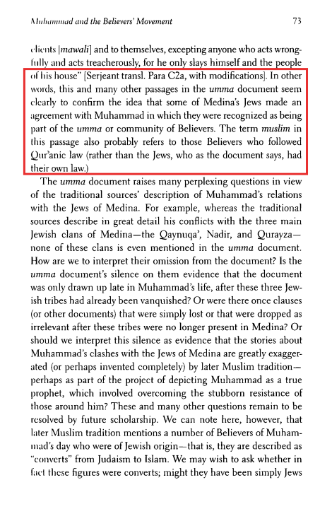 NeophyteOne's tweet photo. Fred M. Donner notes that the Constitution of Medina recognized Jews as being part of the Ummah(!) At this early stage of the religion a Jew (or Christian) could be recognized as a Believer (Mu'min)

Sunni exclusivism appears to arise after the Umayyad Caliph, 'Abd al-Malik (LA) https://t.co/bPDInG6oNl