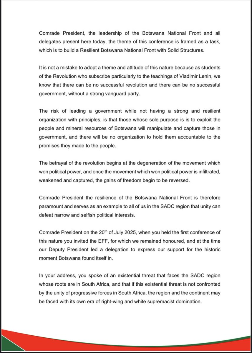 EFFSouthAfrica's tweet photo. ♦️Must Read♦️

The EFF’s President and Commander in Chief Julius Malema’s Speaking Notes at the Botswana National Front (BNF) Conference. https://t.co/WltXgzluIe