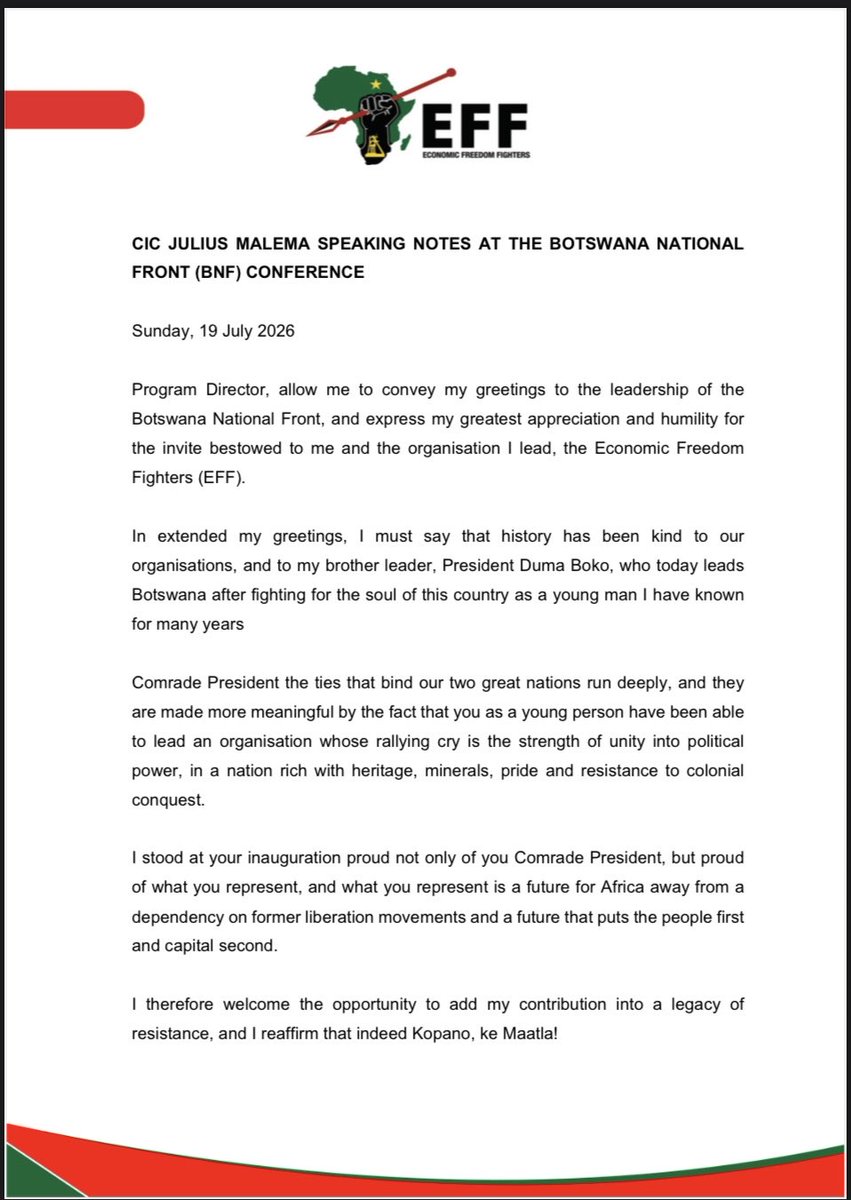 EFFSouthAfrica's tweet photo. ♦️Must Read♦️

The EFF’s President and Commander in Chief Julius Malema’s Speaking Notes at the Botswana National Front (BNF) Conference. https://t.co/WltXgzluIe