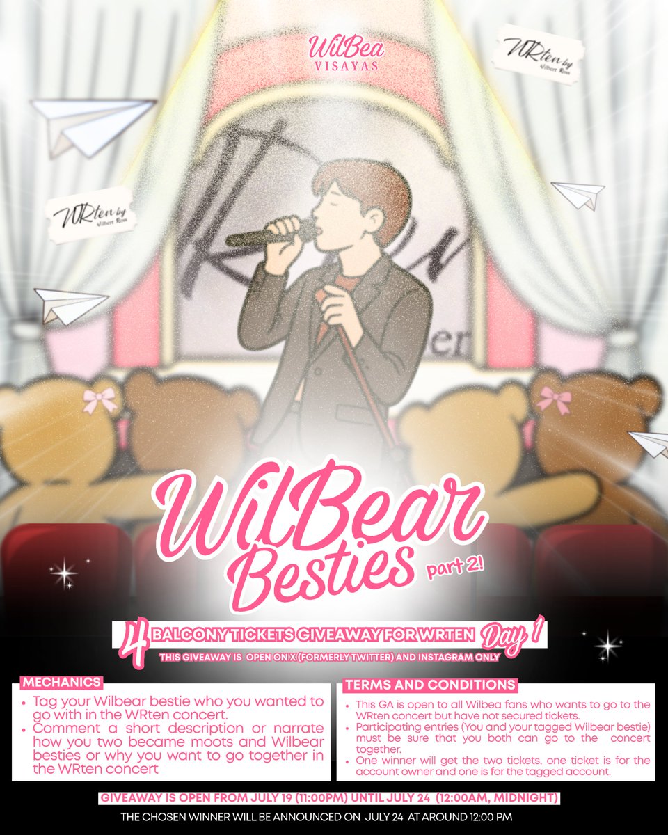 wilbea_visayas's tweet photo. 🎟️✨ WRten Tickets Giveaway Alert! ✨🎟️

🐻💖 Every great concert is even better when shared with your favorite person.

WilBear Besties Part 2 is here! 🎉

We’re giving away 4 FREE Balcony Tickets to the WRten Concert!

For Day 1 this July 25 🗓

🎫 Seats:
• Right Row 3, Seats 8–9
• Right Row 3, Seats 10–11

Yes… they’re FREE!🤩

Please read the giveaway mechanics below and join now! 🩷

Good luck, Besties! 🐻✨

#WrtenbyWilbertRoss #WilbertRoss