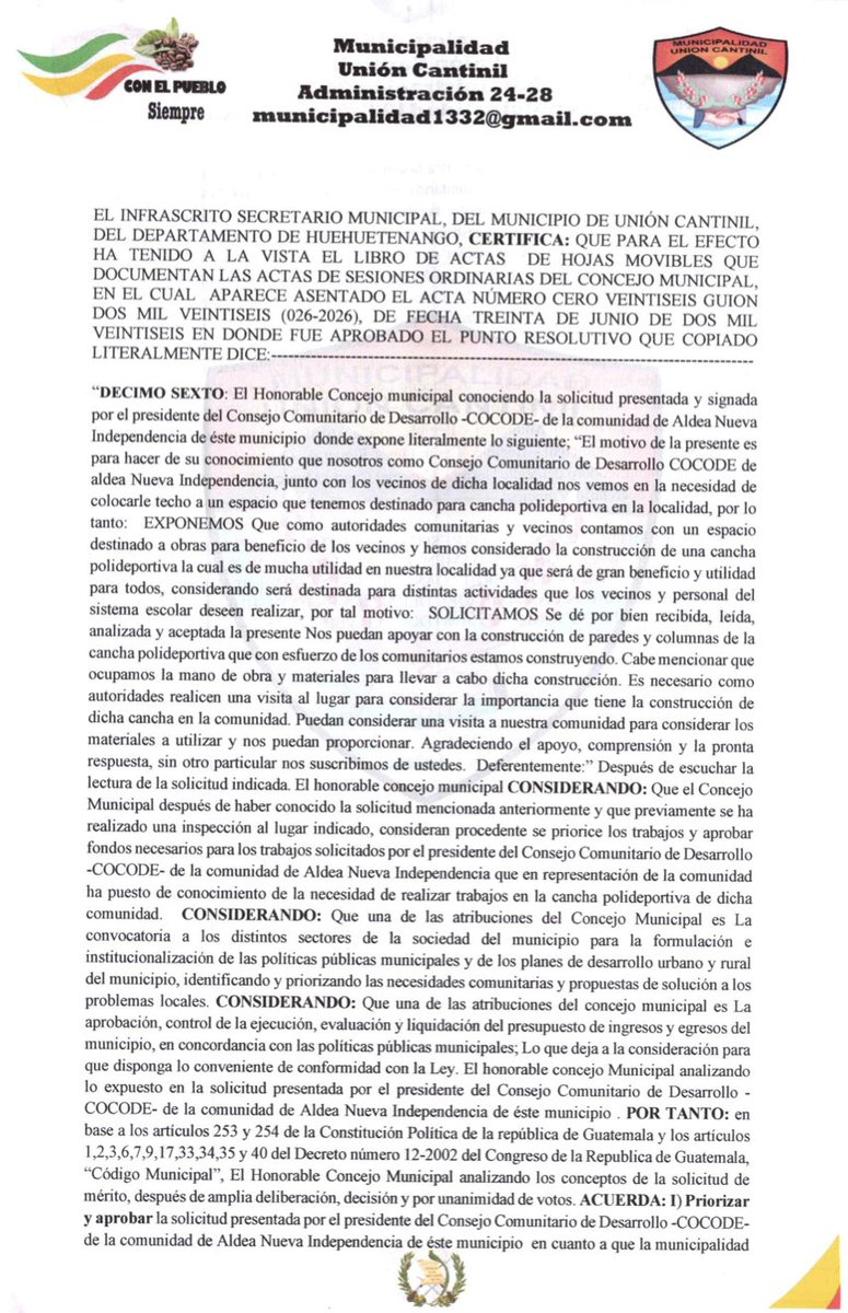 _ojoconmipisto's tweet photo. #OjoAlDato A solicitud del Cocode de la comunidad de Aldea Nueva Independencia, la municipalidad de #UniónCantinil, Huehuetenango, adjudicó Q.89,750.00 a Luis Alberto Aguilar Mérida por la construcción de paredes y columnas para una cancha polideportiva. https://t.co/ZJUuXRFRAs