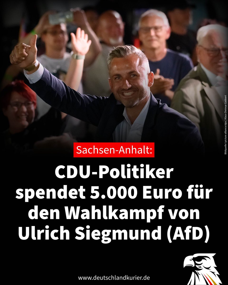 Deu_Kurier's tweet photo. Sachsen-Anhalt: CDU-Politiker spendet 5.000 Euro für den Wahlkampf von Ulrich Siegmund (AfD)

Beim offiziellen Wahlkampfstart der @AfD_LSA in Magdeburg überraschte Spitzenkandidat @UlrichSiegmund mit einer ungewöhnlichen Spendenmitteilung: Vor tausenden begeisterten Anhängern machte er „eine ganz besondere Spende“ öffentlich. 5.000 Euro kamen demnach für den Landtagswahlkampf der AfD von einem CDU-Kreistagsmitglied aus Sachsen-Anhalt.

Siegmund hielt den Beleg auf der Bühne hoch und erklärte, der Spender wolle die AfD im Kampf gegen den „links-grünen Kurs der CDU“ unterstützen. Der CDU-Kommunalpolitiker wolle „noch ein, zwei Monate anonym bleiben“, danach solle es „auch öffentlich“ werden. Siegmund übermittelte Grüße des Spenders an die rund 3.000 AfD-Anhänger in der bis auf den letzten Platz gefüllten Messehalle.
